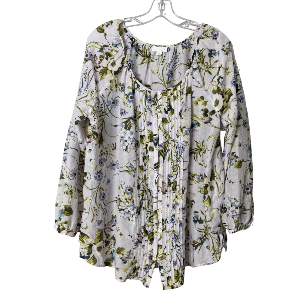 J. Jill Blouse Womens 1X White Floral Cotton Silk Pintuck Pleated Long Sleeve